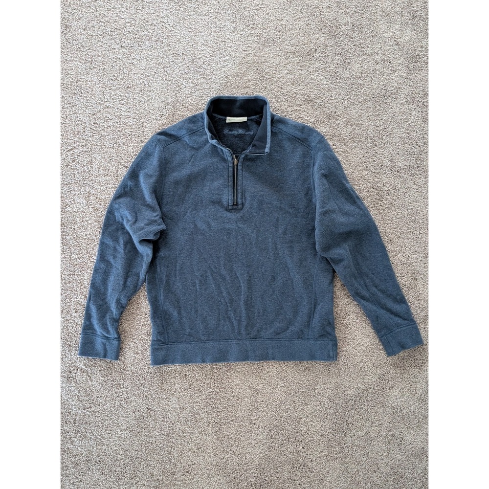 Tommy Bahama Sweater Blue Reversible 1/4 Zip Pullover Mock Neck Knit Mens Medium